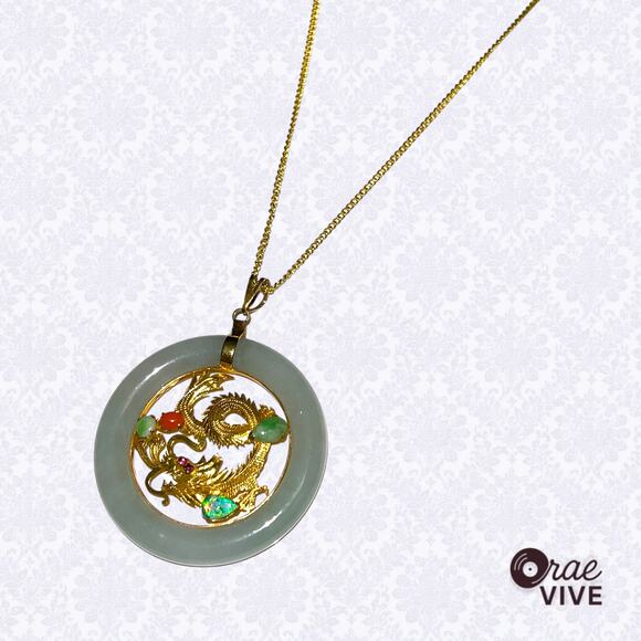 Vintage 14K Gold Oriental Dragon Jade & Opal Pendant Necklace 20in - Picture 3 of 4